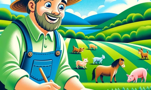 Une illustration destinée aux enfants représentant un homme souriant, vêtu d'une salopette bleue et d'un chapeau de paille, occupé à semer des graines dans un champ verdoyant, accompagné de joyeux animaux de la ferme, entouré de collines ondulantes et d'un ciel bleu azur.