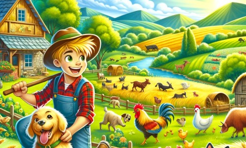 Une illustration destinée aux enfants représentant un jeune agriculteur passionné par la nature, accompagné de son fidèle chien, travaillant dur dans une ferme pittoresque entourée de vastes champs verdoyants et d'animaux joyeux.