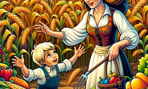 Une illustration destinée aux enfants représentant une agricultrice passionnée, entourée de champs de blé dorés et de légumes colorés, découvrant un petit garçon perdu dans son champ de maïs.