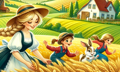 Une illustration pour enfants représentant une femme passionnée par l'agriculture, vivant avec ses enfants dans une grande ferme où ils découvrent les secrets de la nature.