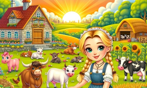 Une illustration pour enfants représentant une agricultrice passionnée, au milieu de sa ferme, s'occupant de ses animaux et de ses cultures, entourée de nature luxuriante.