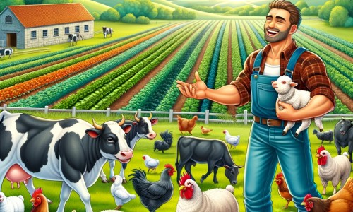 Une illustration destinée aux enfants représentant un homme passionné par l'agriculture, entouré de vaches, de moutons et de poules, travaillant dans sa ferme pittoresque située au milieu d'un grand champ verdoyant avec des rangées de cultures colorées.