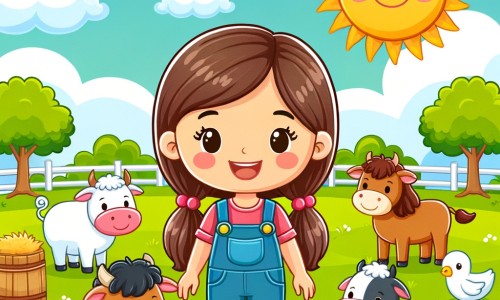 Une illustration destinée aux enfants représentant une agricultrice souriante, entourée de ses animaux de la ferme, dans un magnifique champ verdoyant avec des fleurs colorées et un grand soleil qui brille dans le ciel.