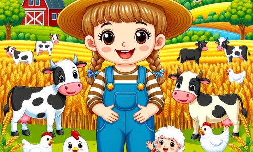 Une illustration destinée aux enfants représentant une femme souriante, vêtue d'une salopette et d'un chapeau de paille, accompagnée de ses enfants, dans une ferme colorée et animée, entourée de vaches, de poules, de moutons et de champs de blé doré.