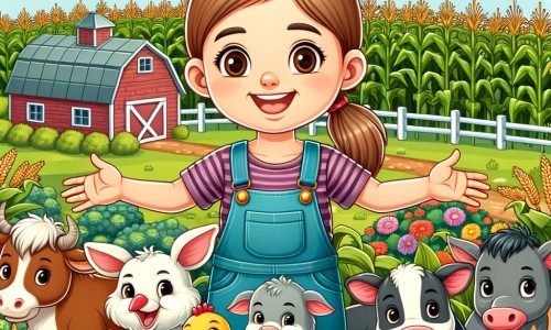Une illustration destinée aux enfants représentant une agricultrice passionnée, entourée de ses animaux et de ses cultures luxuriantes, dans une ferme située au milieu de vastes champs de maïs et de blé.