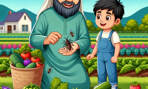Une illustration destinée aux enfants représentant un homme passionné par l'agriculture, faisant face à une invasion d'insectes nuisibles avec l'aide d'un jeune garçon curieux, dans un vaste champ verdoyant où poussent de magnifiques légumes colorés.