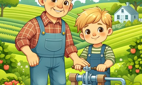 Une illustration pour enfants représentant un homme souriant, travaillant dans un champ verdoyant, entouré d'animaux de la ferme, dans une histoire se déroulant à la campagne.