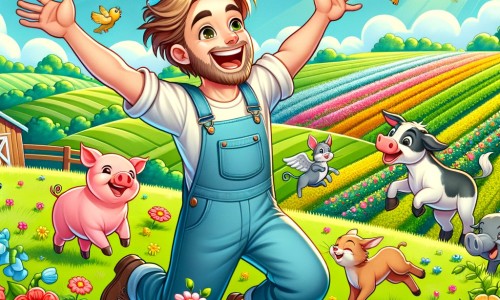 Une illustration destinée aux enfants représentant un homme souriant, vêtu d'une salopette, travaillant avec passion dans une ferme colorée et fleurie, accompagné d'animaux joyeux, au milieu de vastes champs verdoyants et d'un verger luxuriant.