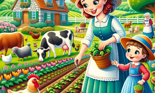 Une illustration destinée aux enfants représentant une femme souriante et dynamique, vêtue d'une robe bleue et coiffée d'un chapeau de paille, occupée à semer des graines dans un champ verdoyant, accompagnée d'une petite fille curieuse, entourée de vaches, de moutons, de poules et d'un grand potager coloré, dans la ferme pittoresque de Mamie Louise, avec une jolie maison en pierre et une grange en bois, située au cœur d'une campagne paisible.