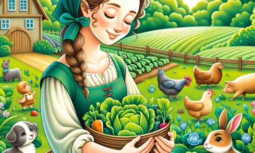 Une illustration destinée aux enfants représentant une femme passionnée par l'agriculture, cultivant des légumes avec amour dans sa ferme pittoresque entourée de champs verdoyants et d'animaux curieux.