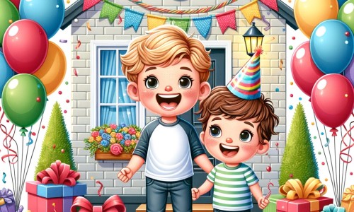 Une illustration destinée aux enfants représentant un petit garçon plein d'excitation, entouré de ballons colorés et de cadeaux, avec son meilleur ami à ses côtés, dans une maison décorée de guirlandes et de confettis, pour célébrer son anniversaire.