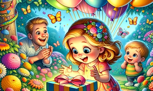 Une illustration pour enfants représentant une petite fille pleine d'excitation découvrant une mystérieuse surprise d'anniversaire lors d'une fête joyeuse et animée dans sa maison familiale.