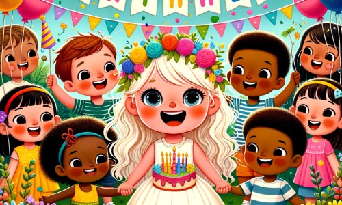 Une illustration destinée aux enfants représentant une petite fille pleine de joie, entourée de ses amis et de sa famille, célébrant son anniversaire dans un jardin coloré rempli de ballons, de guirlandes et de fleurs.