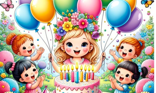 Une illustration pour enfants représentant une petite fille souriante, qui fête son anniversaire avec ses amis dans une fête foraine pleine de lumières et de couleurs.