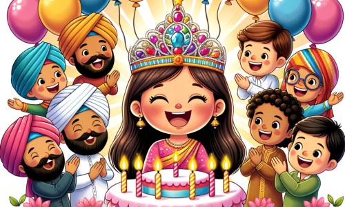 Une illustration destinée aux enfants représentant une petite fille rayonnante de bonheur le jour de son anniversaire, entourée d'amis rieurs, dans un jardin fleuri parsemé de ballons colorés et d'un magnifique gâteau d'anniversaire.