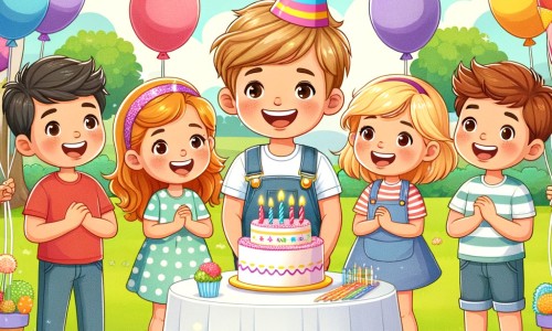 Une illustration pour enfants représentant un petit garçon souriant, entouré de cadeaux et de ballons, dans une maison décorée pour une fête d'anniversaire.