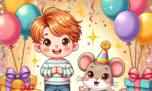 Une illustration pour enfants représentant un petit garçon, excité à l'idée de son anniversaire, qui vivra une aventure magique avec une souris de l'anniversaire dans sa chambre, son lieu bien-aimé.