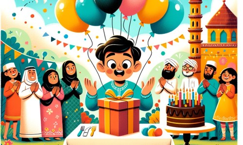 Une illustration pour enfants représentant un petit garçon joyeux, découvrant une surprise d'anniversaire géante, dans une maison décorée de ballons colorés.