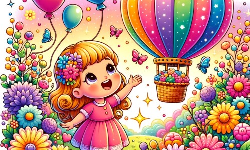 Une illustration destinée aux enfants représentant une petite fille rayonnante, entourée de ballons colorés, qui découvre avec émerveillement une montgolfière magique dans un jardin fleuri aux mille couleurs.