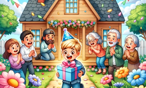 Une illustration pour enfants représentant un petit garçon plein d'excitation lors de son anniversaire, entouré de sa famille et de ses amis, dans un joli village rempli de fleurs multicolores.