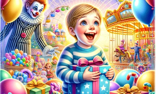 Une illustration pour enfants représentant un petit garçon plein d'excitation le jour de son anniversaire, dans un parc d'attractions coloré et animé.