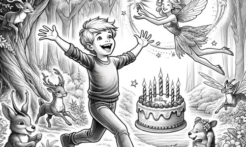 Une illustration destinée aux enfants représentant un petit garçon plein d'énergie, qui fête son anniversaire dans une forêt enchantée, entouré de créatures magiques et d'une fée messagère scintillante.
