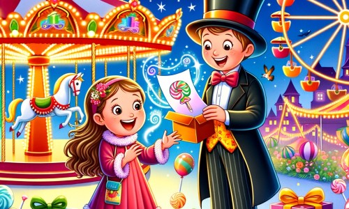 Une illustration pour enfants représentant une petite fille pleine d'excitation qui célèbre son anniversaire à la fête foraine, un monde enchanté rempli de manèges colorés et de délicieuses glaces à volonté.