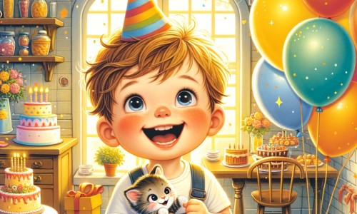 Une illustration pour enfants représentant un petit garçon extrêmement excité pour son anniversaire, qui se déroule dans sa maison avec une fête colorée et des cadeaux merveilleux.