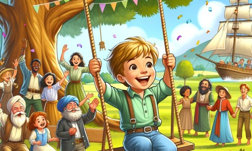 Une illustration pour enfants représentant un petit garçon plein d'excitation, découvrant une mystérieuse lettre qui l'invite à suivre une chasse au trésor dans son jardin enchanté.