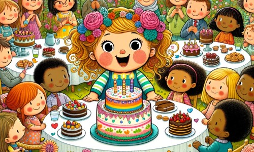 Une illustration pour enfants représentant une petite fille pleine de joie lors d'un anniversaire enchanté dans une forêt magique.