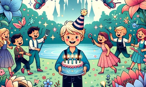 Une illustration destinée aux enfants représentant un petit garçon plein de vie, entouré de ses amis et de sa famille, célébrant son anniversaire dans un parc enchanté rempli de fleurs gigantesques, de papillons lumineux et de ruisseaux scintillants.