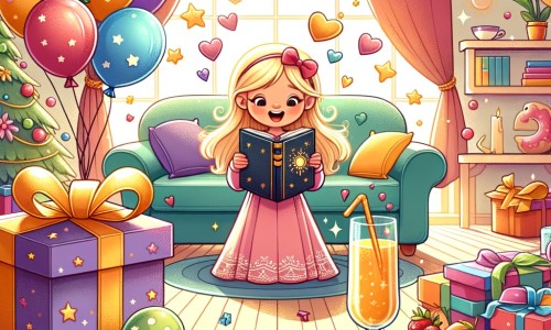 Une illustration pour enfants représentant une petite fille joyeuse découvrant une mystérieuse boîte à cadeaux lors d'une fête d'anniversaire dans une ville ensoleillée.