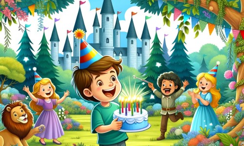 Une illustration destinée aux enfants représentant un petit garçon plein d'enthousiasme qui célèbre son anniversaire avec ses amis dans un jardin enchanté rempli de fleurs colorées et d'arbres majestueux.