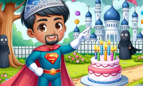 Une illustration pour enfants représentant un petit garçon vêtu d'un costume de super-héros, accomplissant une mission pour son anniversaire, dans un parc enchanté.