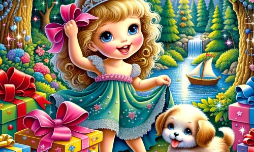Une illustration destinée aux enfants représentant une petite fille pleine de joie, entourée de cadeaux colorés, découvrant un adorable chiot, dans une forêt enchantée avec une rivière scintillante en arrière-plan, le tout pour célébrer son anniversaire.