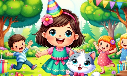 Une illustration destinée aux enfants représentant une petite fille joyeuse, entourée d'amis et d'une mascotte de chat colorée, célébrant son anniversaire dans un parc verdoyant rempli de fleurs et d'arbres majestueux.