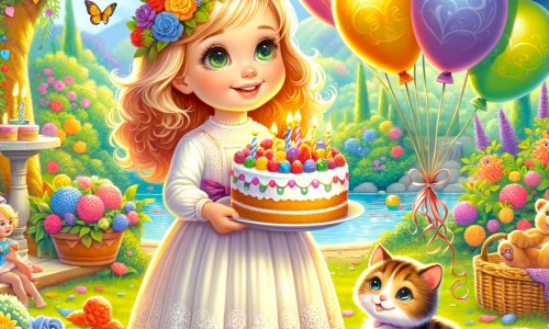 Une illustration destinée aux enfants représentant une petite fille rayonnante, entourée de ballons colorés, partageant un gâteau d'anniversaire avec un adorable chaton, dans un jardin enchanté rempli de fleurs multicolores et d'arbres majestueux.