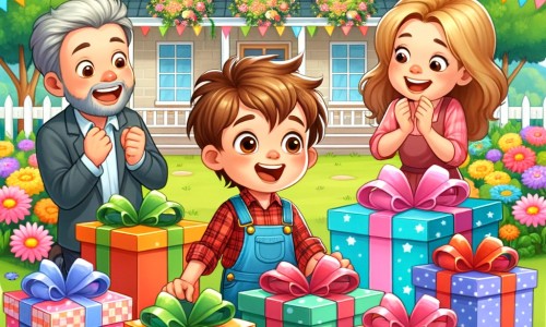 Une illustration destinée aux enfants représentant un petit garçon plein d'excitation, entouré de ses proches, découvrant une montagne de cadeaux colorés, dans une jolie maison avec un jardin fleuri en arrière-plan, le jour de son anniversaire.