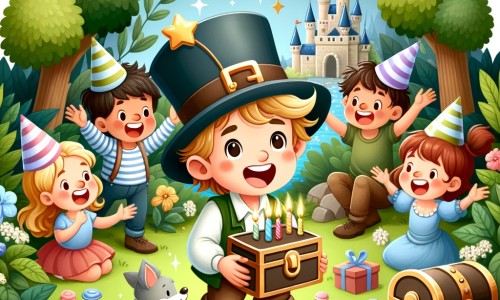 Une illustration destinée aux enfants représentant un petit garçon plein d'enthousiasme, entouré de ses amis, dans un jardin enchanteur, en train de célébrer son anniversaire avec une chasse au trésor.