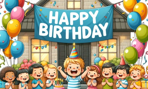 Une illustration pour enfants représentant un petit garçon plein d'excitation lors de sa fête d'anniversaire, dans une maison colorée et festive.
