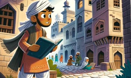 Une illustration pour enfants représentant un homme intrépide, explorant un vieux village à la recherche de trésors cachés, dans un lieu rempli de mystères et d'aventures.