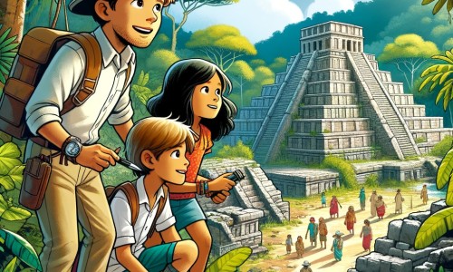 Une illustration destinée aux enfants représentant un intrépide archéologue, accompagné de deux enfants curieux, explorant une ancienne cité en ruine, envahie par la végétation luxuriante de la jungle amazonienne.