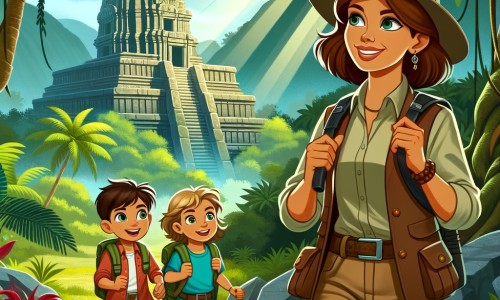 Une illustration destinée aux enfants représentant une femme archéologue passionnée, accompagnée de deux enfants curieux, explorant un temple perdu envahi par la jungle luxuriante d'un lointain pays.