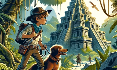 Une illustration destinée aux enfants représentant un jeune aventurier passionné et intrépide, accompagné de son fidèle chien explorateur, découvrant les mystères d'un temple ancien enfoui au cœur d'une jungle dense et luxuriante.