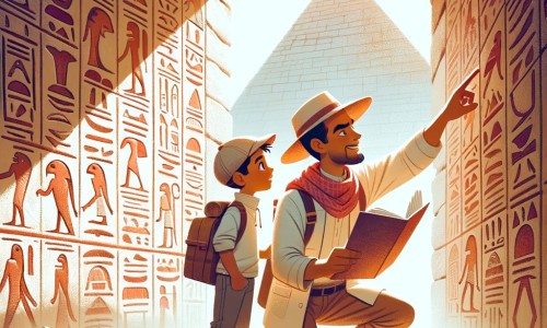 Une illustration destinée aux enfants représentant un intrépide archéologue, accompagné d'un jeune ami, explorant une pyramide égyptienne ancienne, avec des hiéroglyphes gravés sur les murs et un rayon de soleil filtrant à travers l'entrée.