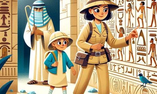 Une illustration pour enfants représentant une femme aventurière, en train d'explorer une tombe égyptienne pleine de mystères et de trésors cachés.
