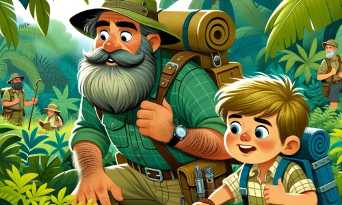 Une illustration destinée aux enfants représentant un homme barbu et aventurier, accompagné d'un jeune garçon curieux, explorant une jungle luxuriante à la recherche d'un trésor caché.