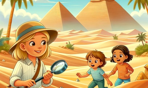 Une illustration pour enfants représentant une femme archéologue passionnée en train de fouiller des trésors enfouis sous le sable de l'Égypte.