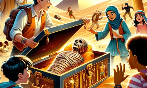 Une illustration destinée aux enfants représentant un archéologue intrépide, se trouvant au cœur d'un désert brûlant, découvrant un sarcophage étincelant avec des momies mystérieuses, tandis qu'un groupe d'amis l'observe avec émerveillement.