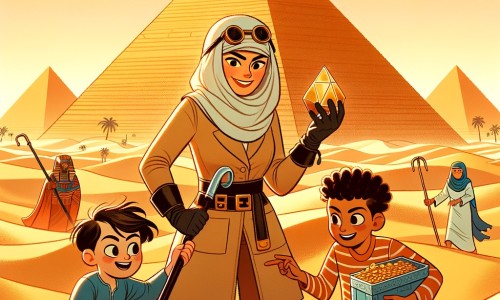 Une illustration destinée aux enfants représentant une archéologue intrépide, accompagnée de deux jeunes garçons, découvrant un trésor enfoui dans les profondeurs d'une pyramide égyptienne, au milieu du désert doré et des dunes infinies.